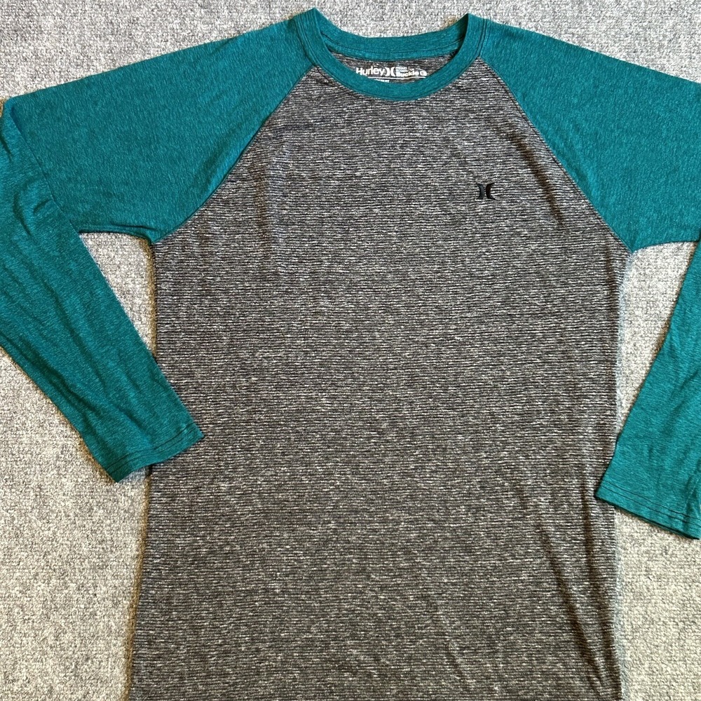 Hurley Shirt Mens Medium Designed Buckle Stapler T-Shirt  Long Sleeve Green Grey